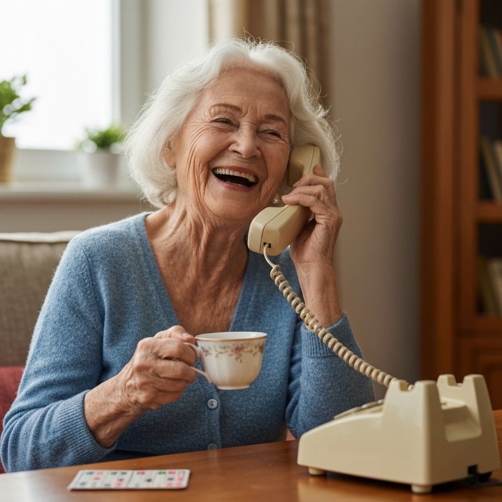 Happy senior woman laughing on classic landline telephone with tea cup and bingo card